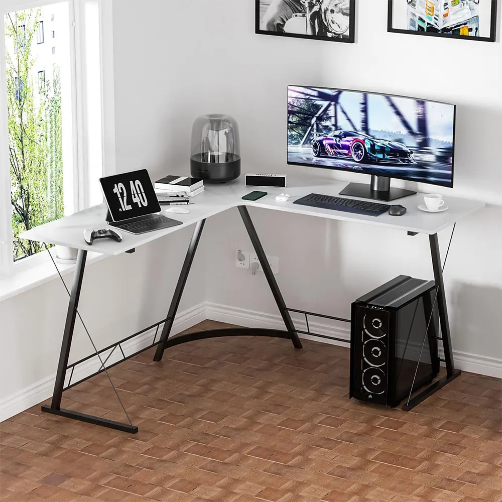 AnneFish L shaped Gaming Desk with LED Strip  Carbon Fiber Surface Small Corner Computer Desk Gamer Desk Home Gaming Desk Table