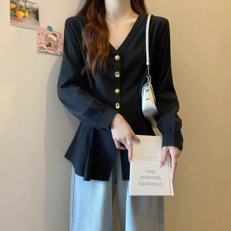 Spring Autumn New Elegant Fashion Solid Blouses Women's Clothing Casual Loose V Neck Cardigan Korean Style Long Sleeve Shirts