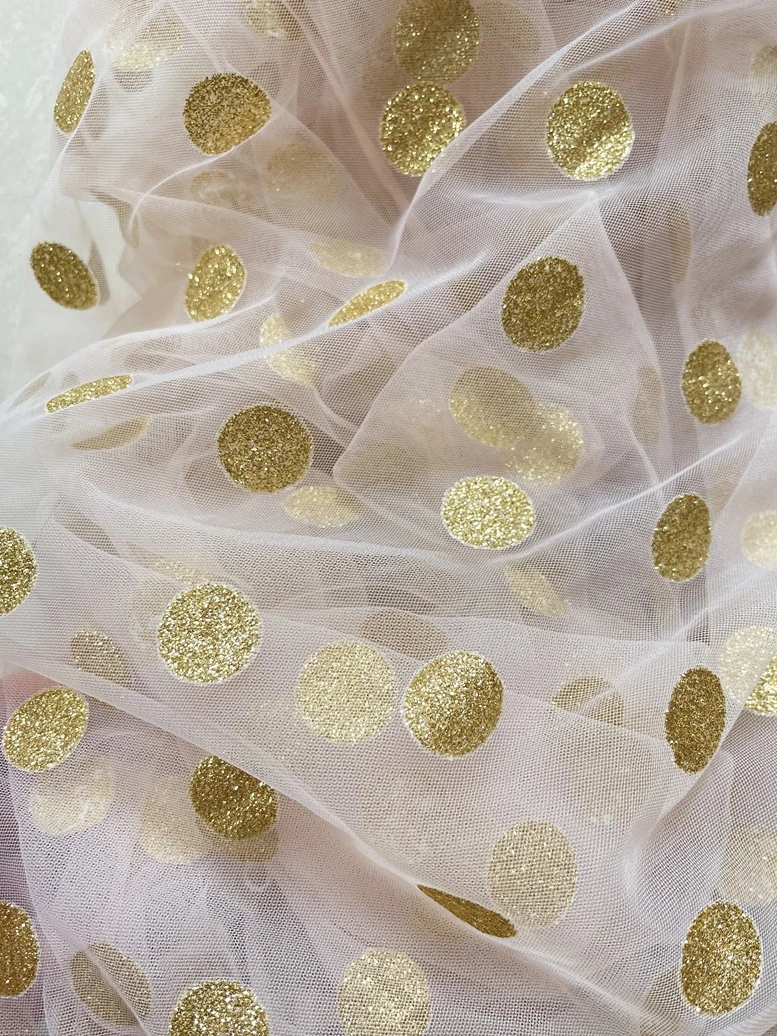 

1 м абрикосовая/Розовая Золотая блестящая кружевная ткань в горошек, Мягкая сетчатая кружевная ткань для девочек, Тюлевая ткань для свадебного платья, декоративная сетчатая ткань X1426