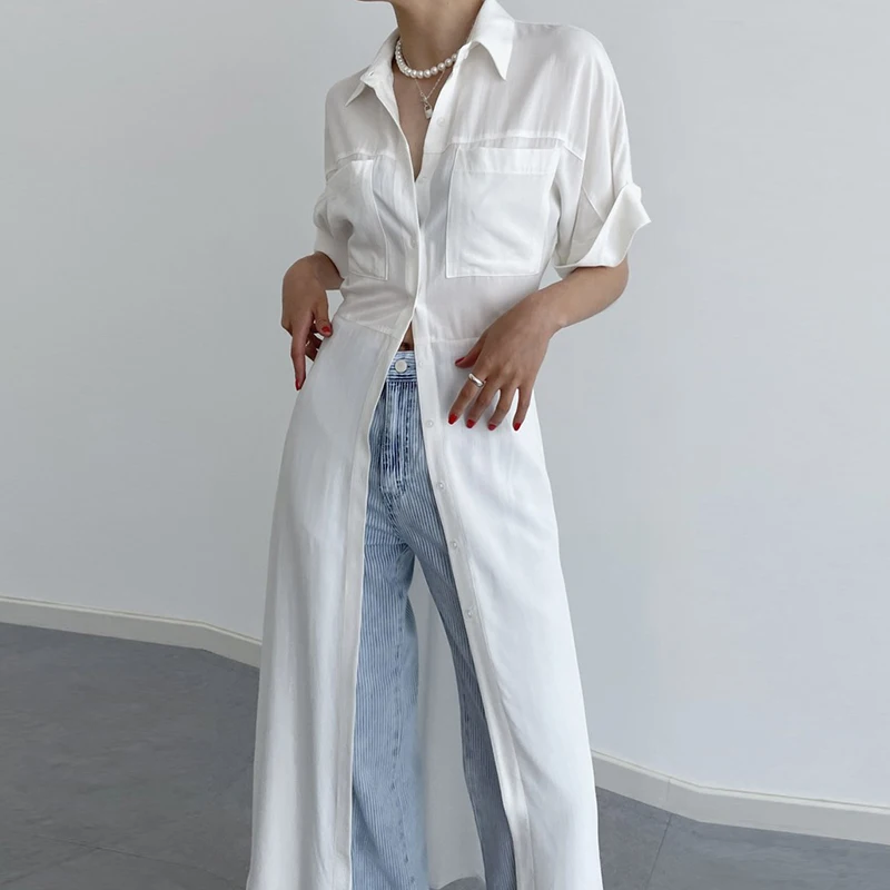 Robe chemise française Chic à manches courtes, col rabattu, coupe cintrée, longue, simple boutonnage, mode dames, robe fine et élégante, été