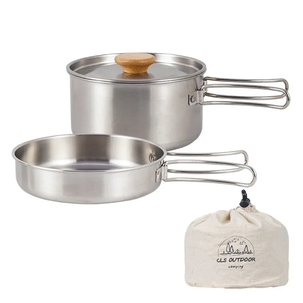 

Portable Camping Pan Stainless Steel Cooking Pot Set Foldable Handle with Storage Bag Travel Tableware Picnic Equipment