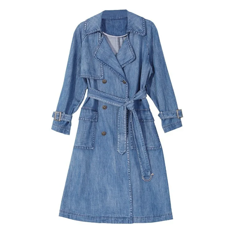 Primavera otoño medio largo Denim rompevientos mujeres estilo británico manga larga doble botonadura hebilla azul gabardina ZLX001