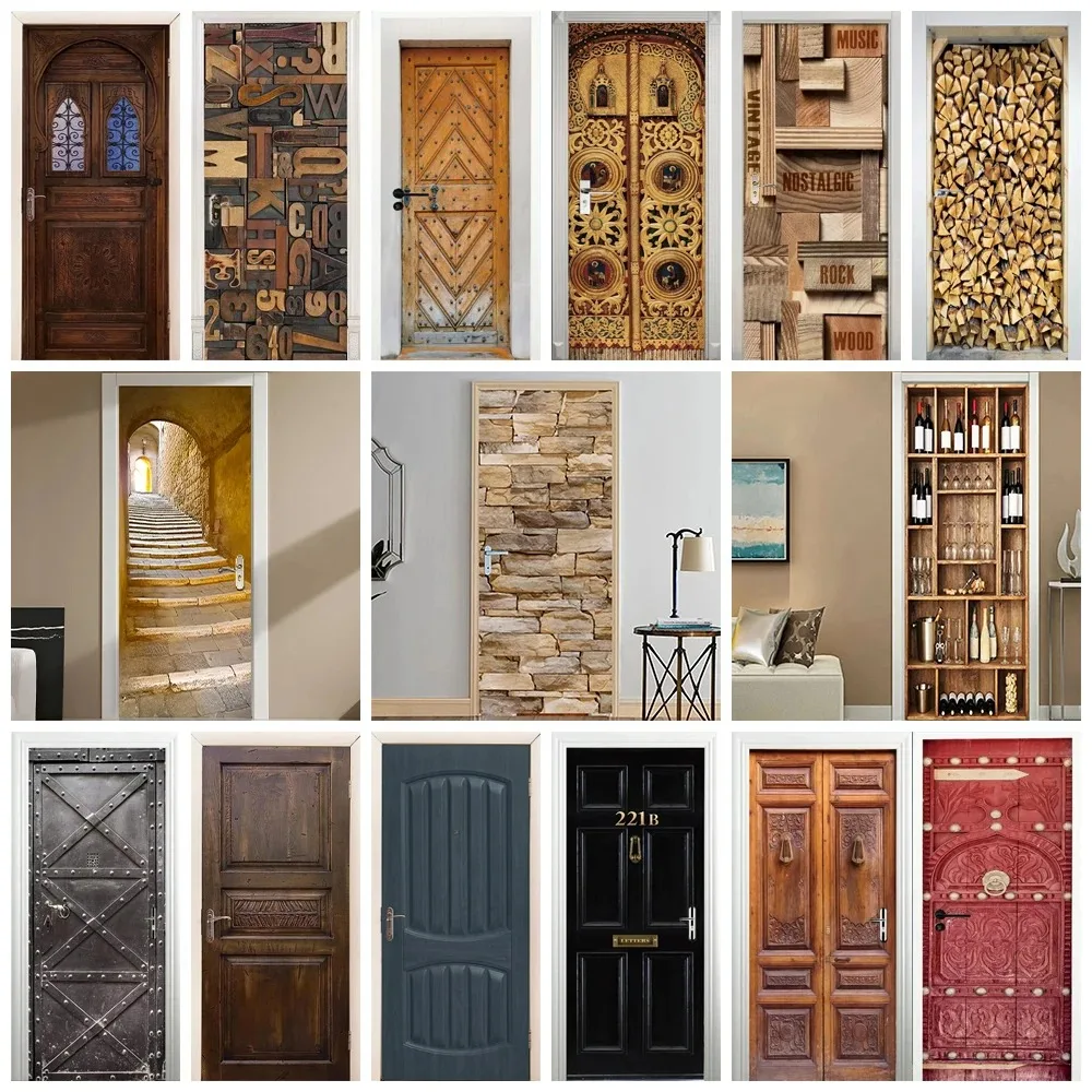 

Retro Wood Grain Door Sticker Wallpaper Self Adhesive Wooden Background Printed Bedroom Full Door Wrap Cover Customized Poster