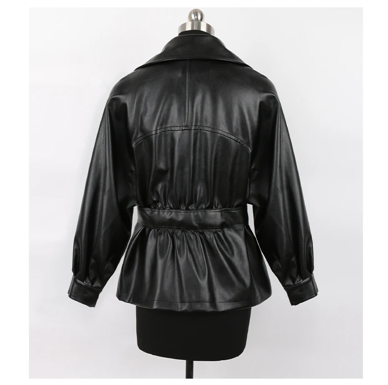 Mauroicardi Spring Short Fitted Brown Soft Lightweight Pu Leather Jacket Women Raglan Sleeve Sashes Black Fall Clothes 2025