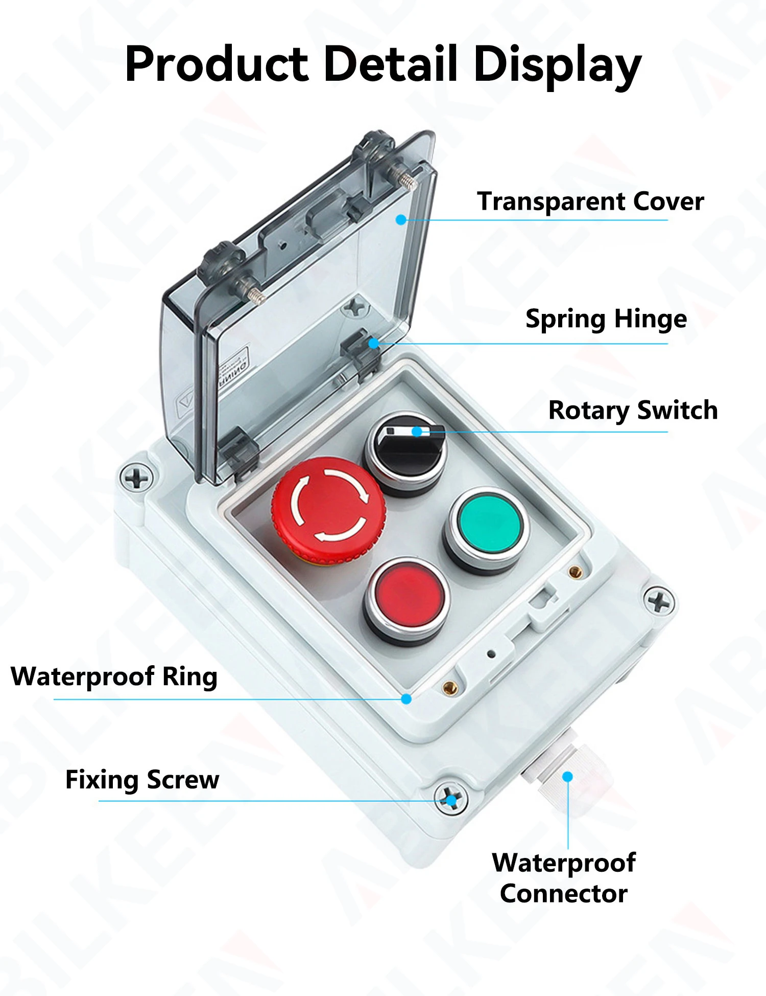 ABILKEEN IP67 Outdoor Waterproof Push Button 4 Hole Junction Box with LA38 Momentary Push Button Switch and AD16-22 Pilot Lamp