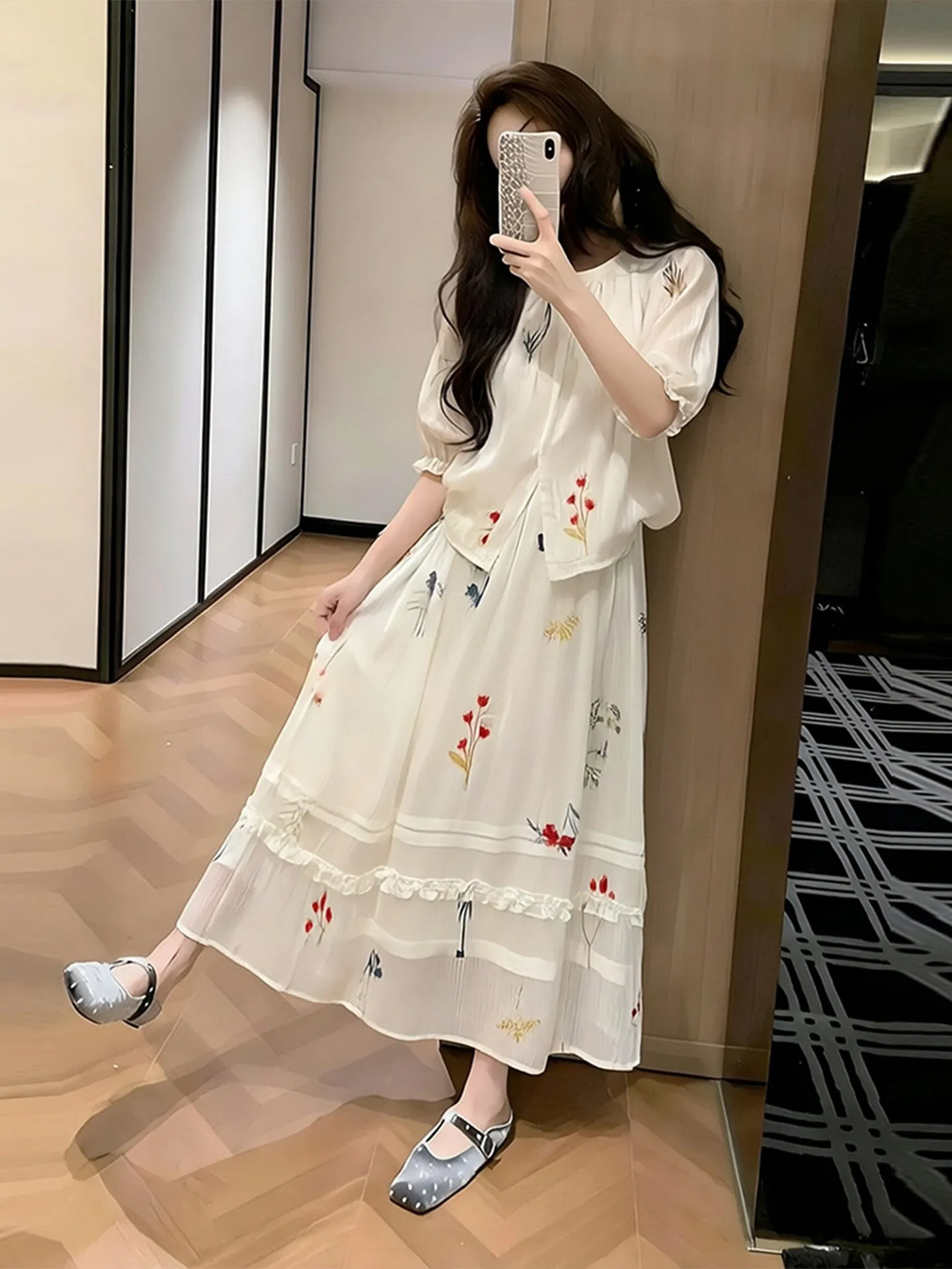 

Summer Floral Shirt Top And Skirt Set Women's plus Size Sweet Gentle Style Casual Fashion Ensemble High Waist Polyester Fabric
