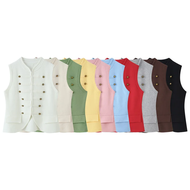 Solid Color Sleeveless Knit Vest Waistcoat Vintage Double Side Metal Buttons Loose Women Casual Layering Knit Gilet 20260602