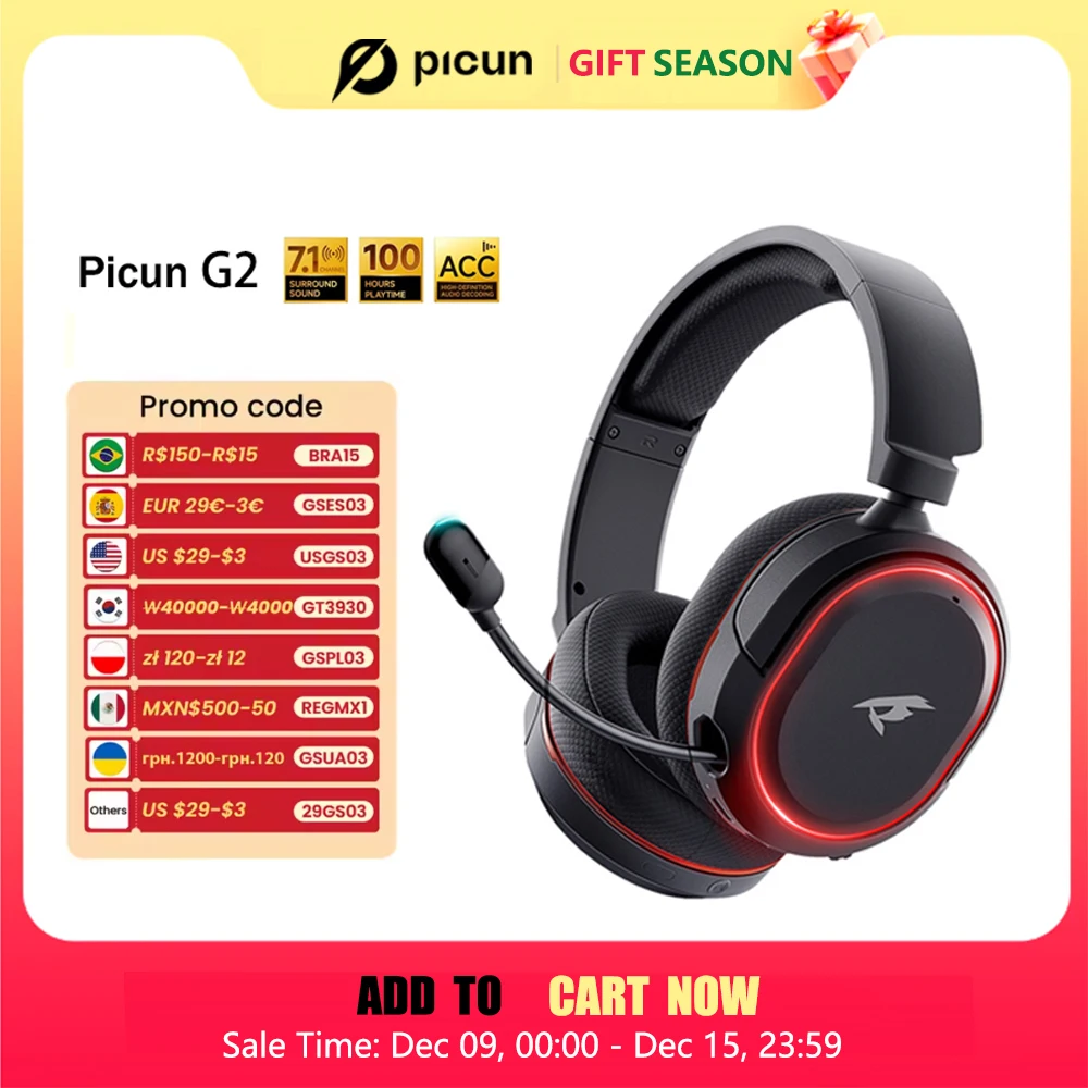 Picun G2 2.4G Wireless Gaming Headset Bluetooth Headphones 5ms Low Latency 7.1 Surround ENC Mic For PC PS4 PS5 Phone Switch