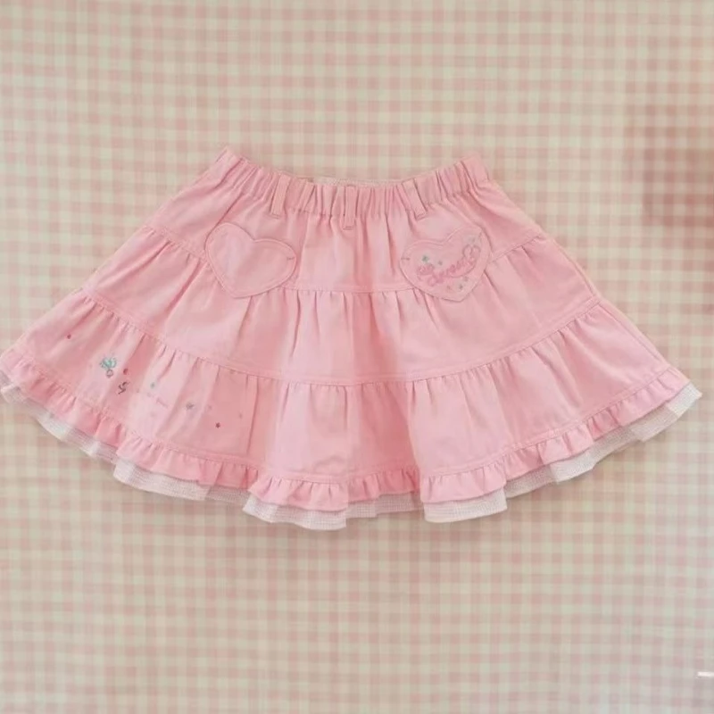 Japanese Kawaii Lolita Mini Cake Skirt Womens Sweet Cute Cartoon Embroidery Short Party Skirt Y2k Aesthetic  A-line Faldas Skirt