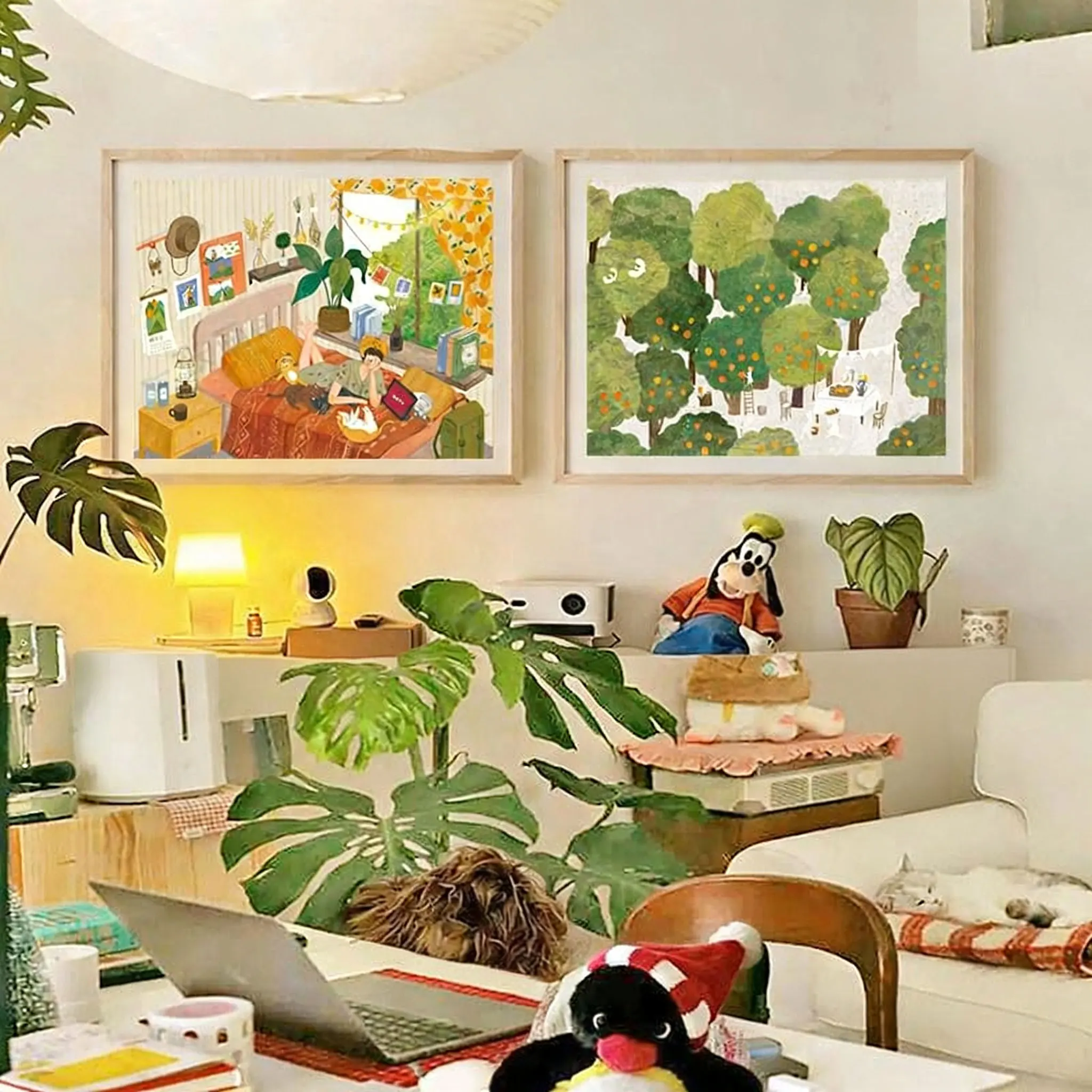 

Healing Green Rabbit Cartoon Canvas Painting Poster Ins Log style Cabin Cream Style Nordic Wall Art Kids Bedroom Home Decor