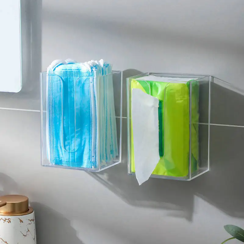 Clear Acrylic Wall Mounted Tissue Box Adhesive Napkin Holder Toilet Paper Tissue Mask Dispenser Storage Rack Bathroom Organizer