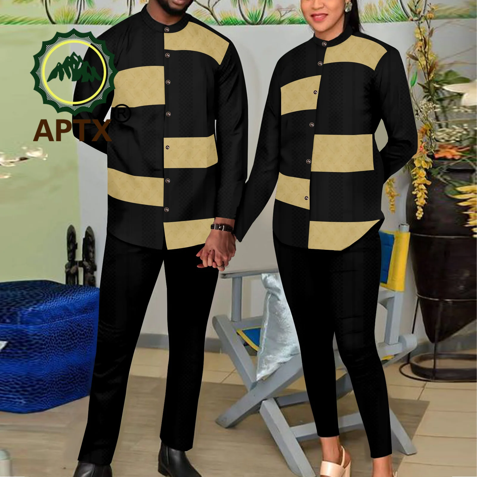 

African Dress for Couple Causal 2 Pcs Sets Men Women Shirt and Pants Bazin Riche Attire Lovers' Clothes for Wedding T23C015