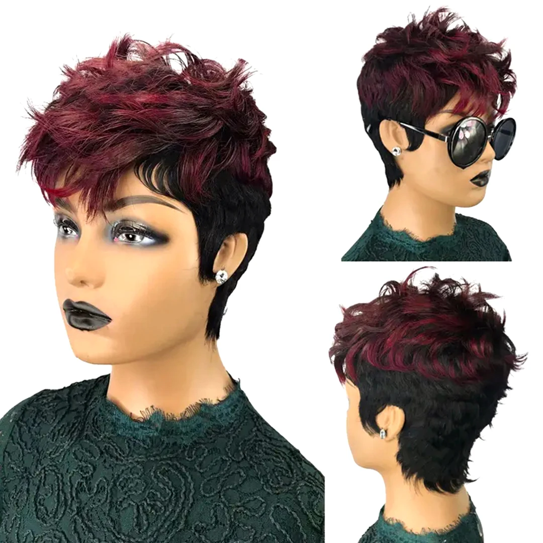 1B99J# Pixie Cut Wig Human Hair For Women Short Pixie Bob Replacement Wigs Short Layered Wave Full Machine Made Wig With Bangs