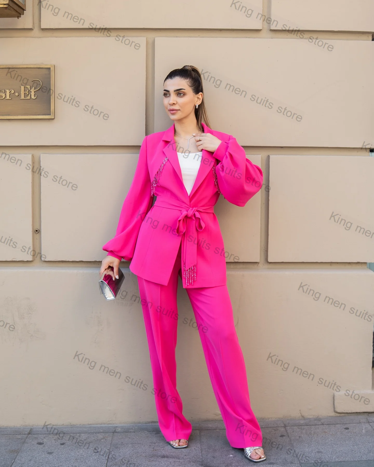 Hot Pink Crystals Women Suits Pants Set Wedding 2 Piece Blazer+Trousers With Belt Custom Size Formal Office Jacket Prom Coat