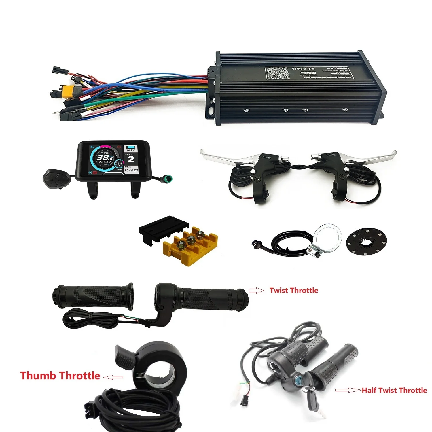 ebike Complete Control System 36V-52V 1000W-1200W 35A 3-mode Sine Wave Controller with UKC1 Color Display Throttle Brake Lever