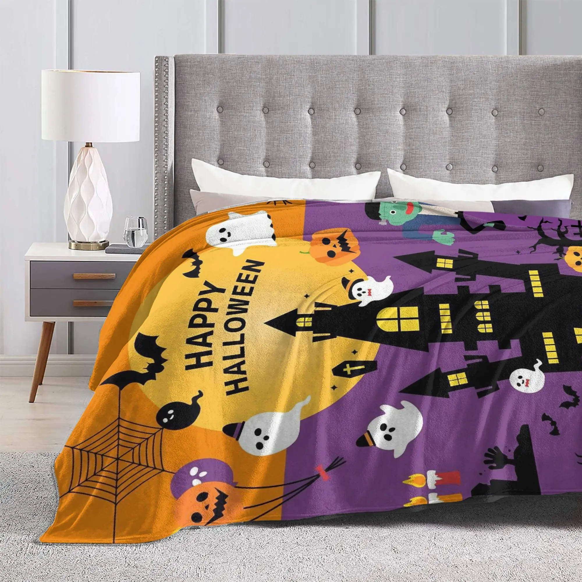 Happy Halloween Fleece Throw Blankets Cute Ghost Blankets for Sofa Couch Super Soft Bedding Throws