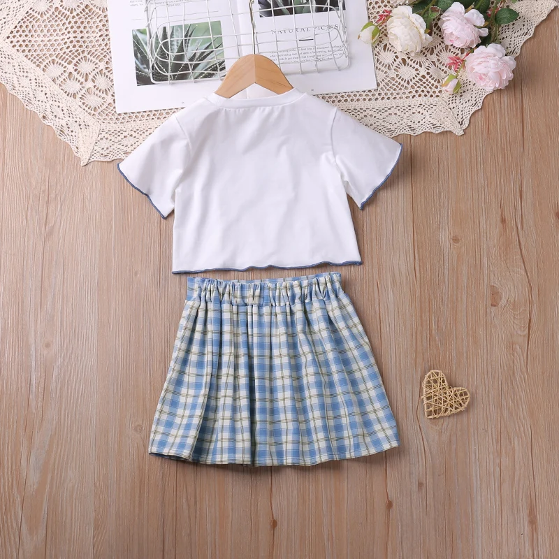 Humor Bear Girls Clothing Set Butterfly Decoration Short Sleeve + Blue Plaid Skirt Children's Fresh Outfits 2-6 Y