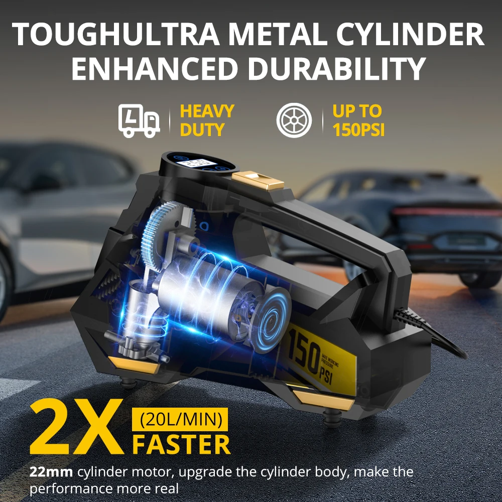 CARSUN Roadside Emergency Tire Inflator 12V 150PSI Air Compressor LED Flashlight Auto Shut-off for Car Motorcycle Ball CE