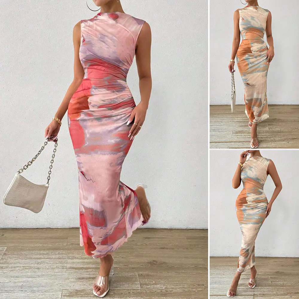 Mia Muse Boutique Летние платья Французская элегантная мода 2025 Тай-дай с запахом без рукавов с круглым вырезом Миди Отпускные длинные платья