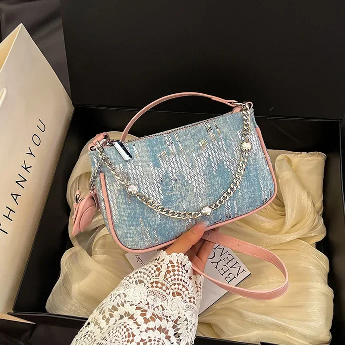

Luxury Women Brand PU and Deniml Set with Sequined Patchwork Crossbody Bag Fashion Chain Bucket Messenger Bag