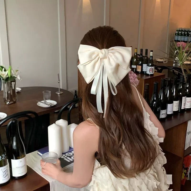 1PC Summer Huge Bow Hair Clip Long Streamer Duck Billed Clip White Large Bowknot Satin Hairpin Elegant And Sweet Hair Accessory image 2