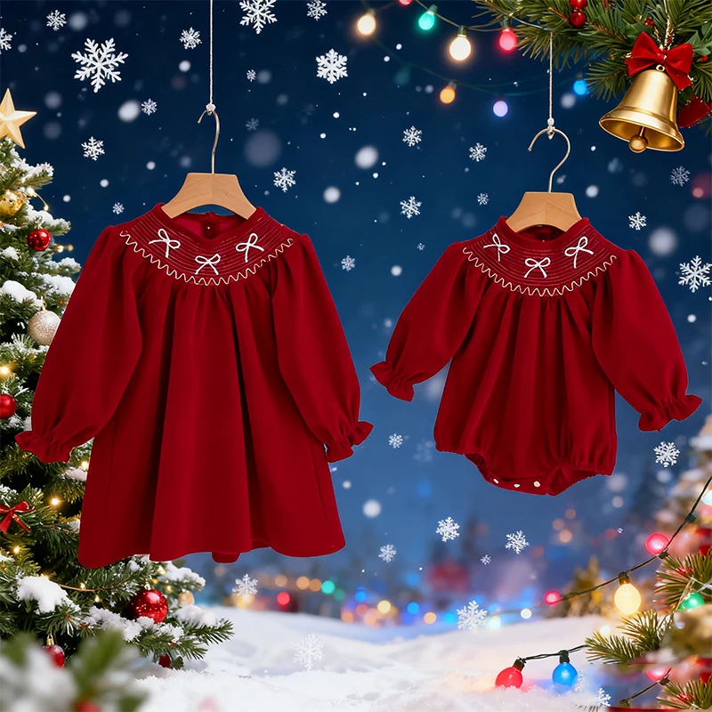 2025 Christmas Baby Girls Clothes Toddler Baby Rompers Princess Dress Bow Embroidery Red Girls Dress Christmas Sister Clothing