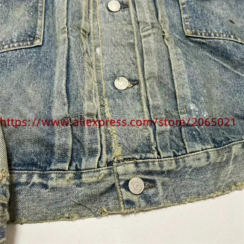 Washed SAINT DAMAGE Denim Work Jacket Jeans Men Women Best Quality Make Old Blue Heavy Fabric Coat