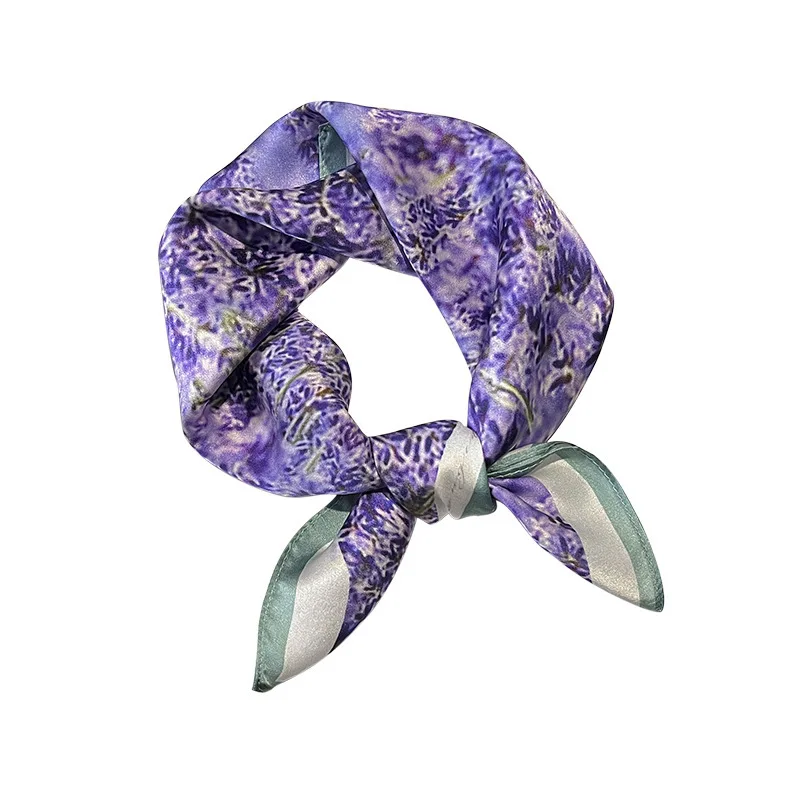 2023 New Luxury 100% Real Silk Scarf Women Headband Natural Print Neckerchief Hair Band Wrist Foulard Echapre Hijab Bandana