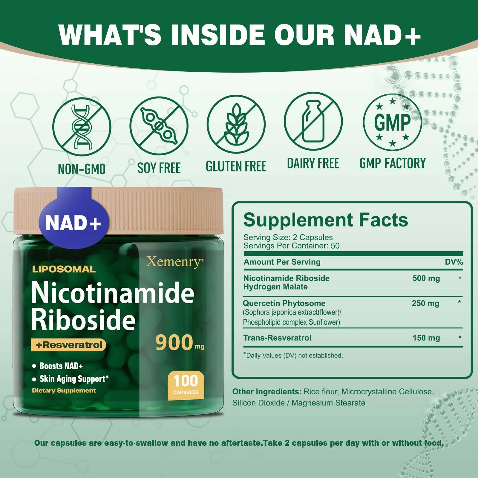 NAD+ Supplement - Anti-Aging, Energy - Liposomal Nicotinamide Riboside Capsules 900mg with Resveratrol & Quercetin Capsules