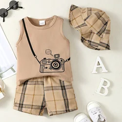 3pcs Baby Boys Cute Camera Graphic Print Tank Top & Plaid Shorts & Fisherman Hat Set Clothes For Summer