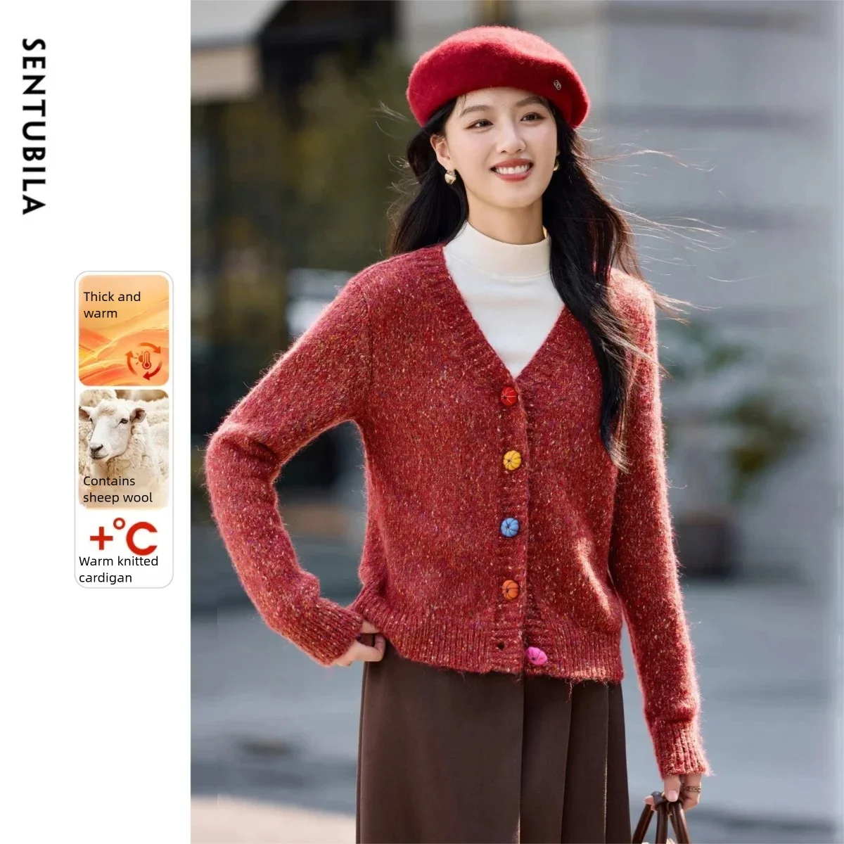 

SENTUBILA Cardigan for Women 2025 Winter Colorful Pumpkin Button Knitwear V-Neck Casual Wool Blend Ladies Outerwears W54EB4847