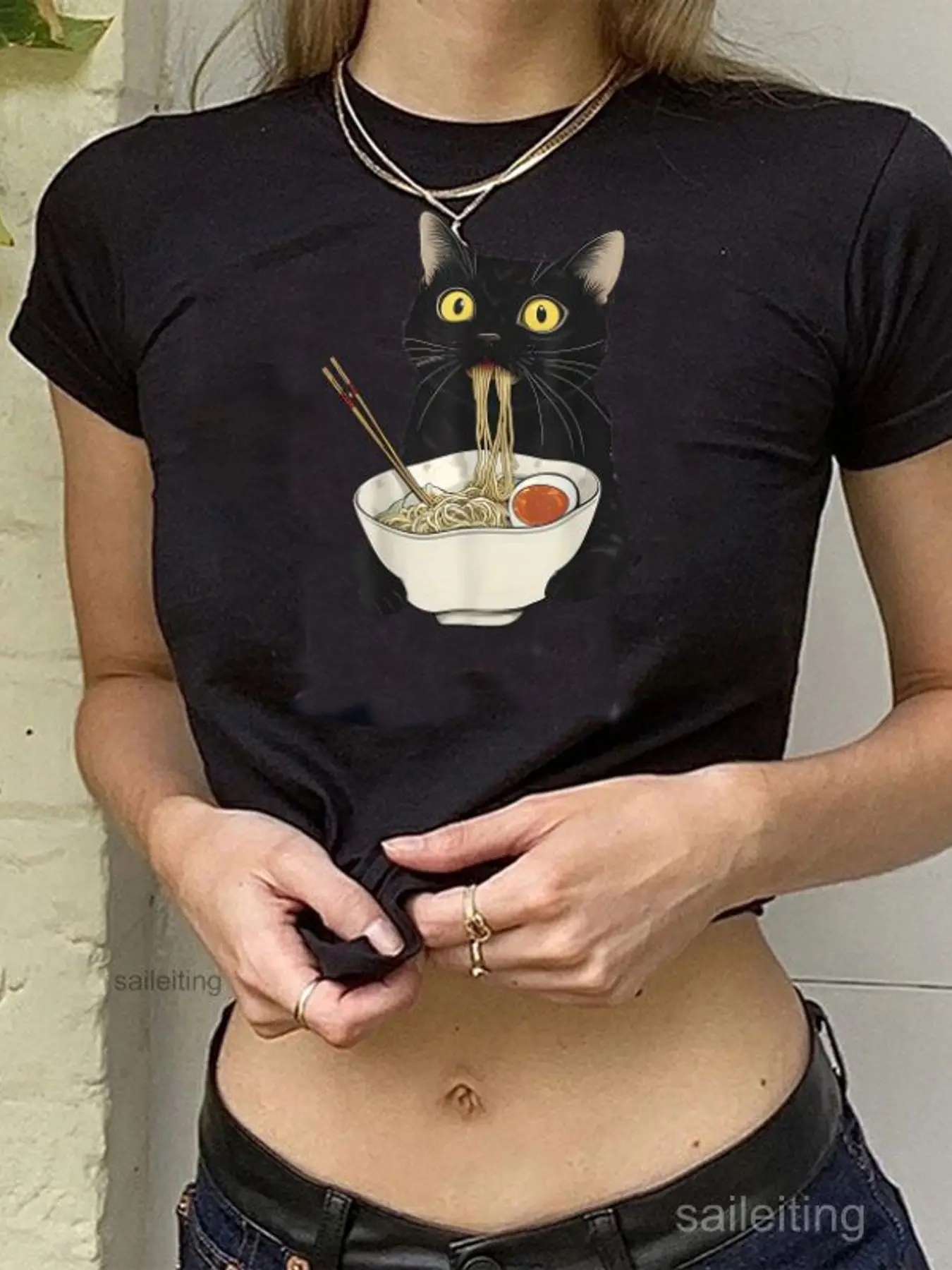 Cute Black Cat Noodle Graphic Crop Top Women Short Sleeve Casual Summer Tee with Open Knit Cardigan and Sweatpants - Playful
