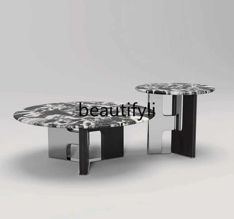 Wabi Sand Italian Minimalist Bulgari Black Marble Coffee Table Combination Round Sofa Edge Stainless Steel