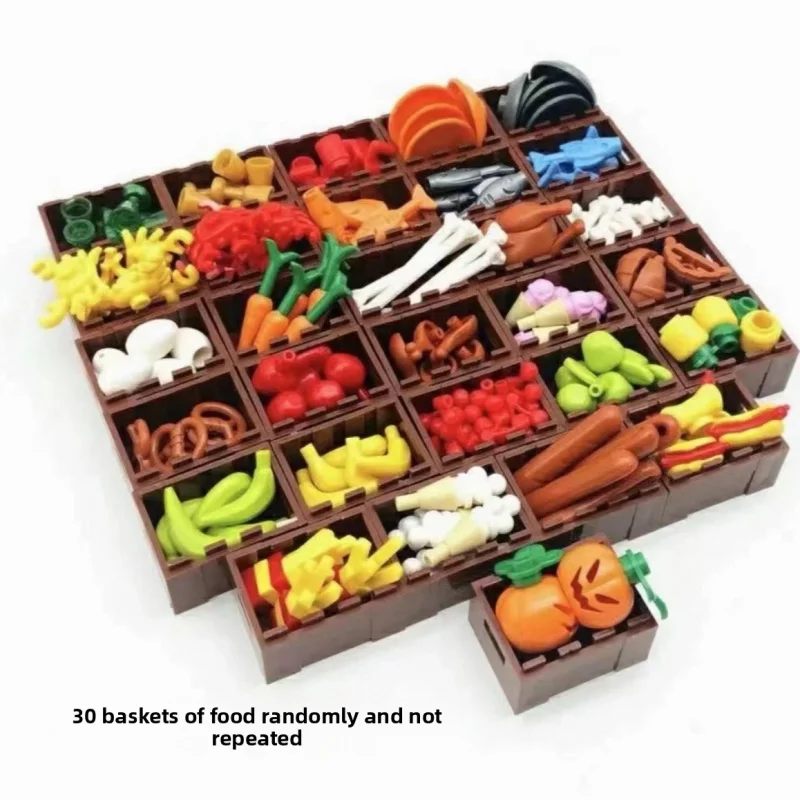 MOCFood – blocs de construction, accessoires, pièces, panier carré avec cadre en bois, Compatible avec petites particules, frites, citrouille, banane