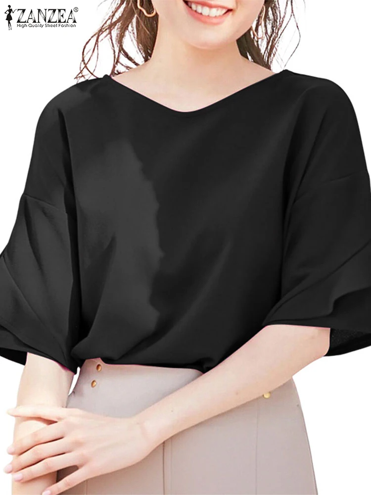 ZANZEA 2025 Summer Women Fashion Blouse Sexy V-Neck Solid Color Shirt Short Sleeve Ruffle Elegant Tunic Tops Casual Loose Blusas