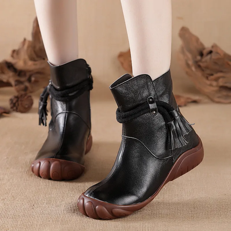 جديد ريترو المرأة أحذية بوت قصيرة عادية جلد طبيعي بلون لينة وحيد مريح دافئ أحذية نسائية الفراء بوتاس موهير 2026 #3