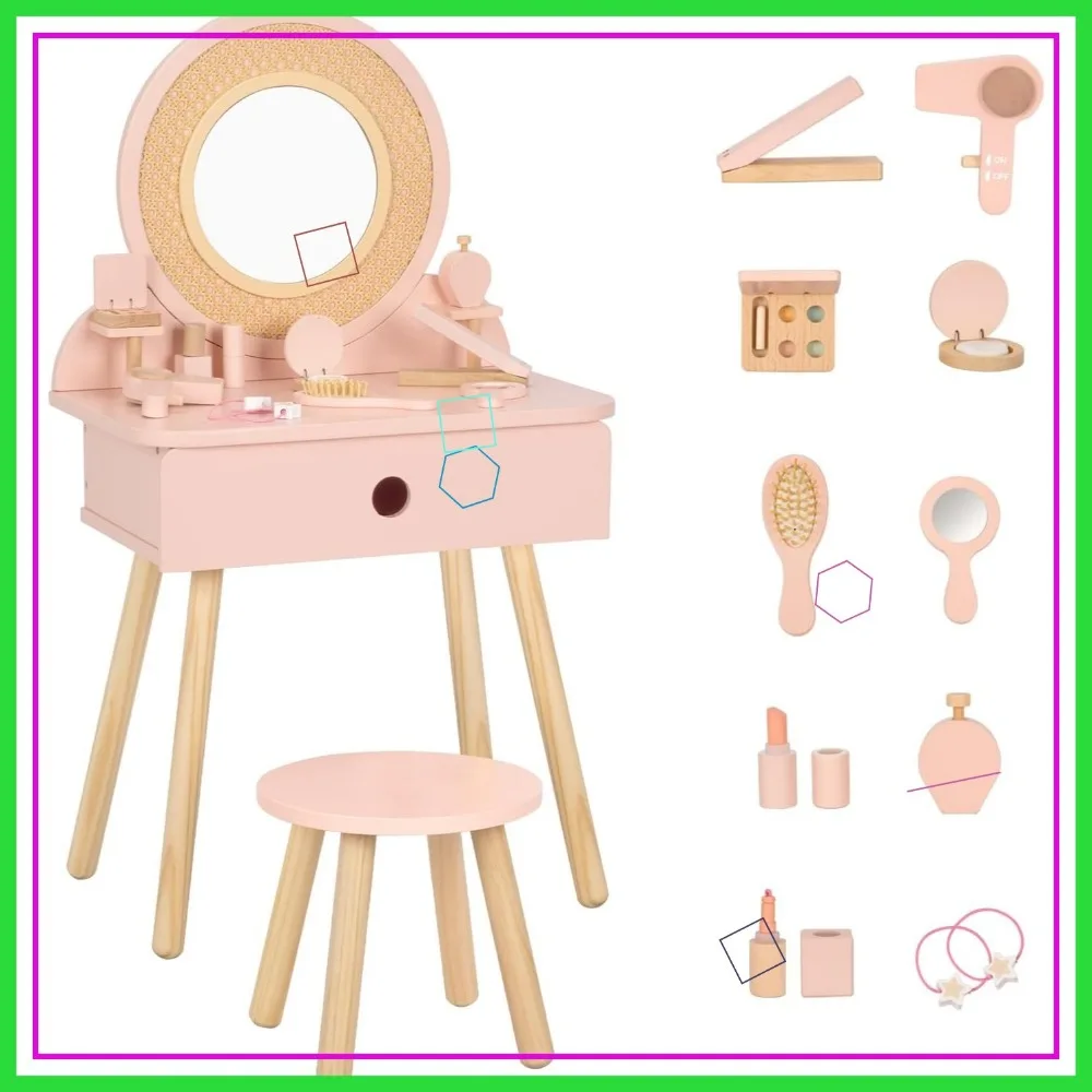 طقم طاولة وكرسي بينك كيدز مع 11 ملحقًا، مكياج حقيقي وتظاهر للفتيات من سن 3 سنوات فما فوق #1