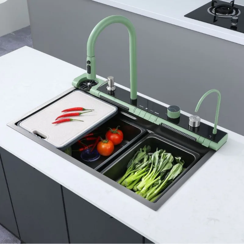 

New Longyu 304 stainless steel sink kitchen large single slot digital waterfall nano honeycomb thickened integrated