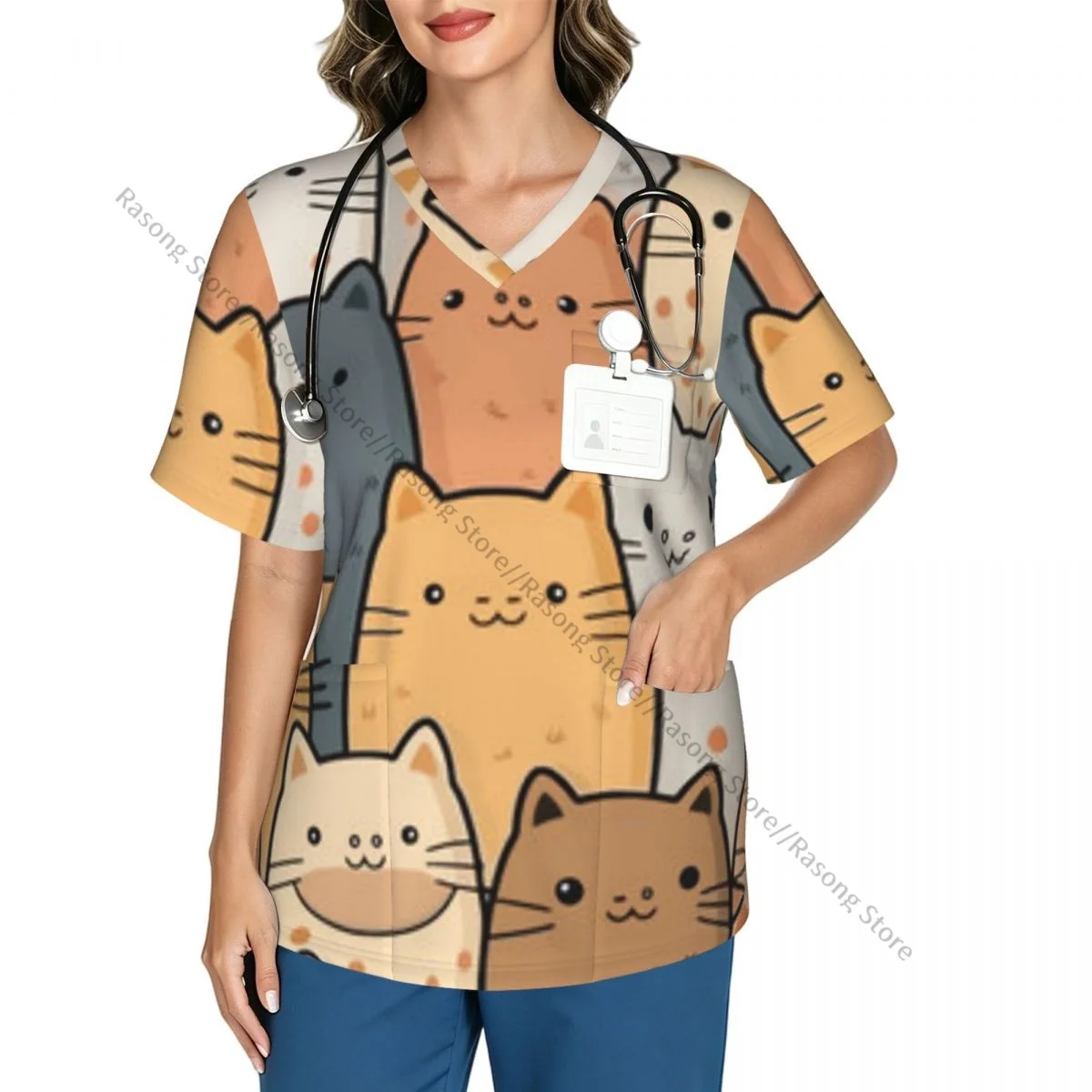 Women Scrubs Blouse Medical Nurse V-neck Clinical Scrubs Top Cats Cartoon Print Operating Room Work T-shirt
