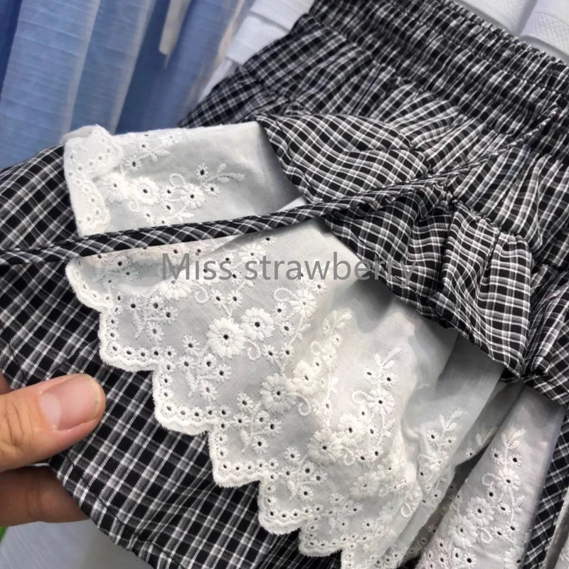 Summer Vintage Lace Elastic Waist Short Skirt Women High Street Y2k Patchwork Plaid Skirts Female Design Hepburn  A-line Skirt