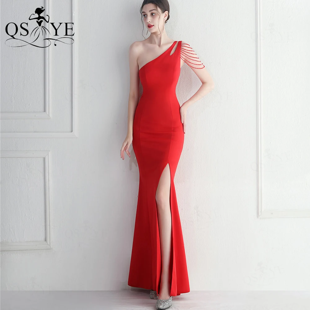 Bright Red One Shoulder Prom Dresses Beading Straps Long Stretch Satin Mermaid Evening Side Split Lady Simple Party Gown Plain