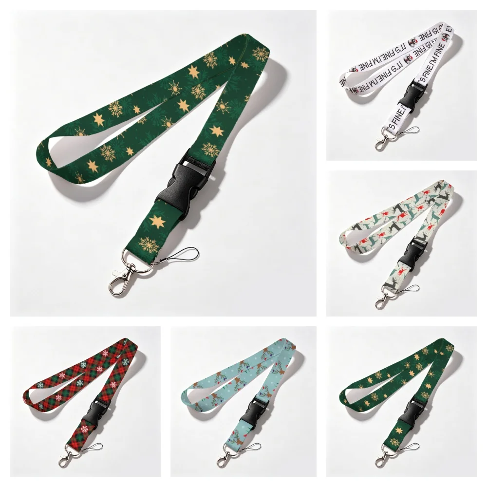 Christmas Lanyard Keychain Merry Christmas Santa Elk Snowflake Print Neck Strap Detachable Buckle Phone Lanyard 261013GS