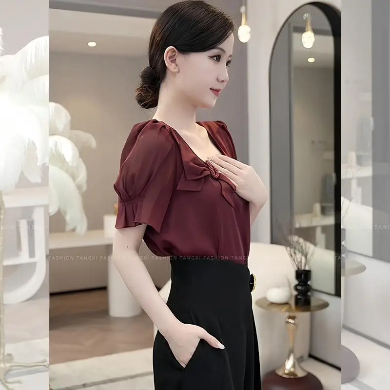 2024 New Summer Korean Edition Minimalist Fashion Elegant Chiffon Short Sleeve Square Neck Solid Color Bow Women\'s T-shirt Top