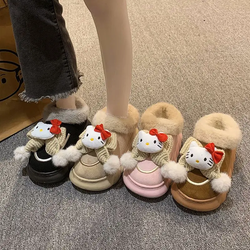 Kawaii Hellokitty Snows Boots Woman Winter New Kawaii Kt Thick Sole Plush Keep Warm Comfortable Short Barrel Cotton Shoes Gift