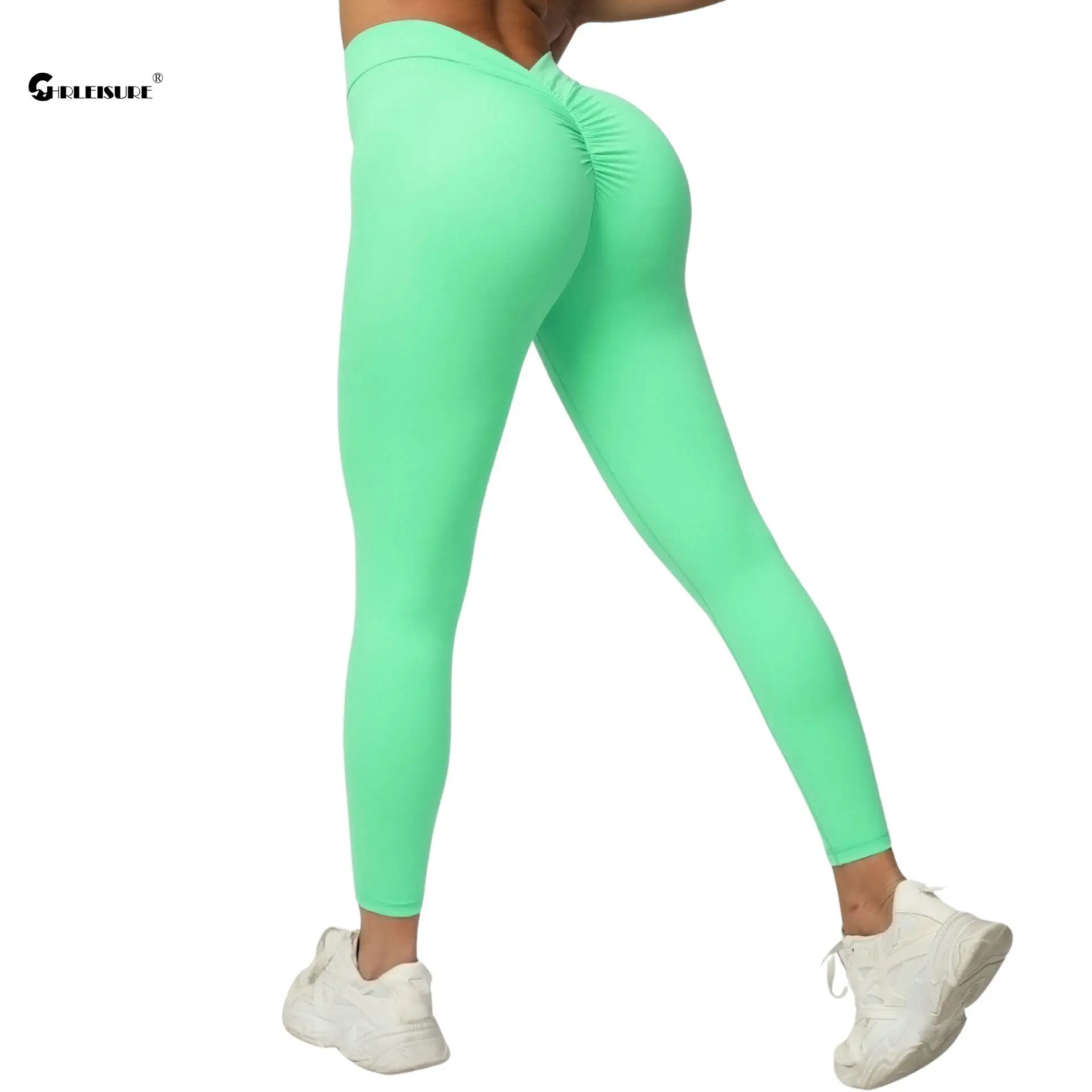 CHRLEISURE Back V Butt Yoga Pants Women Seamless Butt Fitness Leggings High Waist Ruched Tights Elastic Slim Activewear Gym Wear