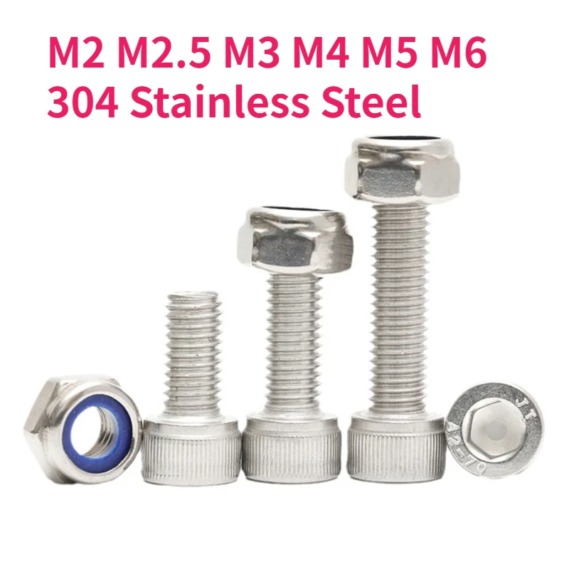 

M2 M2.5 M3 M3.5 M4 M5 M6 A2-70 304 Stainless Steel Hexagon Hex Socket Head Cap Allen Bolt Screw Nylon Insert Lock Nut Set