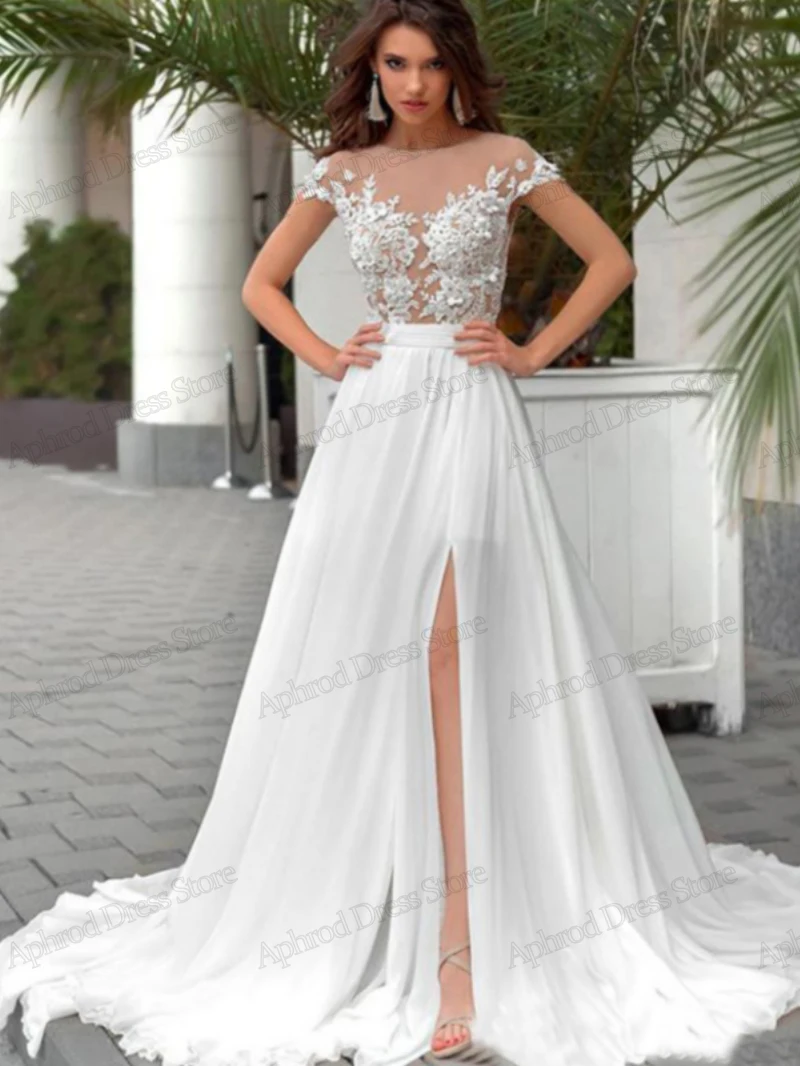 Classic Wedding Dresses A-Line Chiffon Bridal Gowns Lace Appliques Sexy High Split Robes For Formal Party 2024 Vestidos De Novia