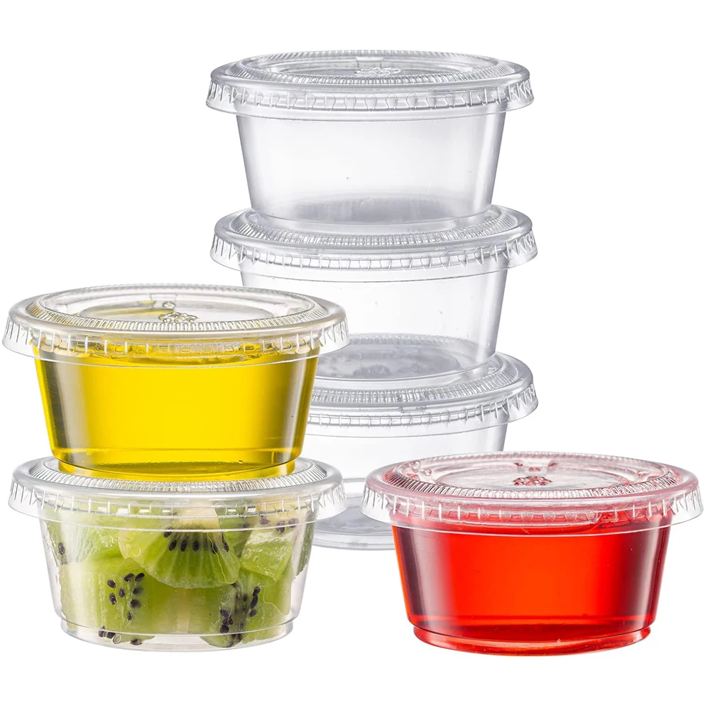 Vasos de plástico desechables transparentes de 2oz con tapas: pequeños recipientes de plástico para condimentos para salsa, aderientes para ensaladas