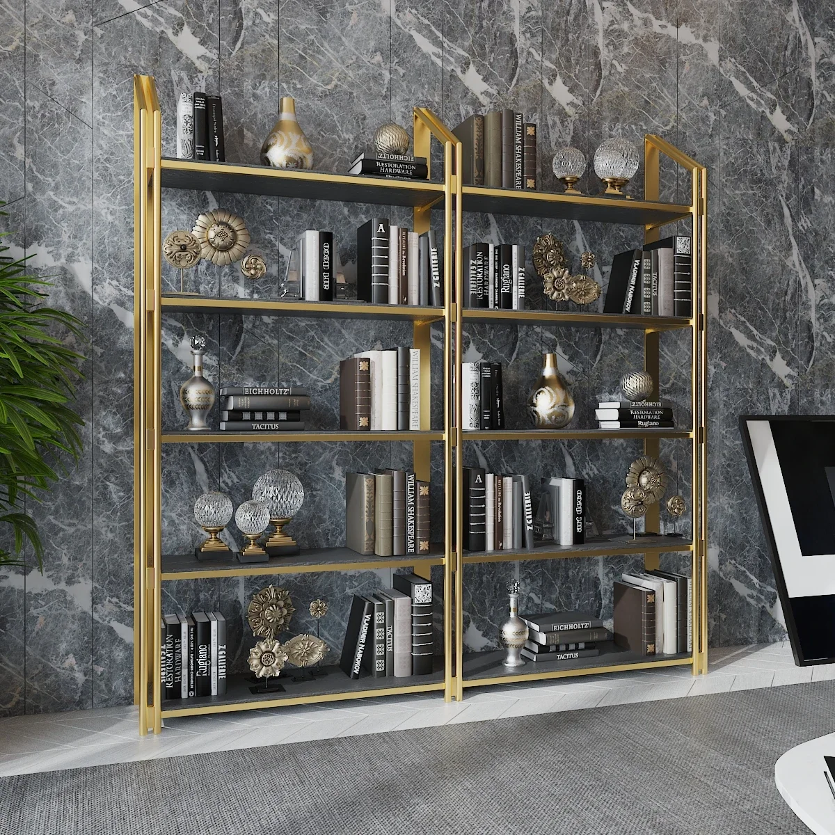 Minimalist iron bookshelf storage rack, light luxury metal decoration, postmodern gold display rack, living room storage rack