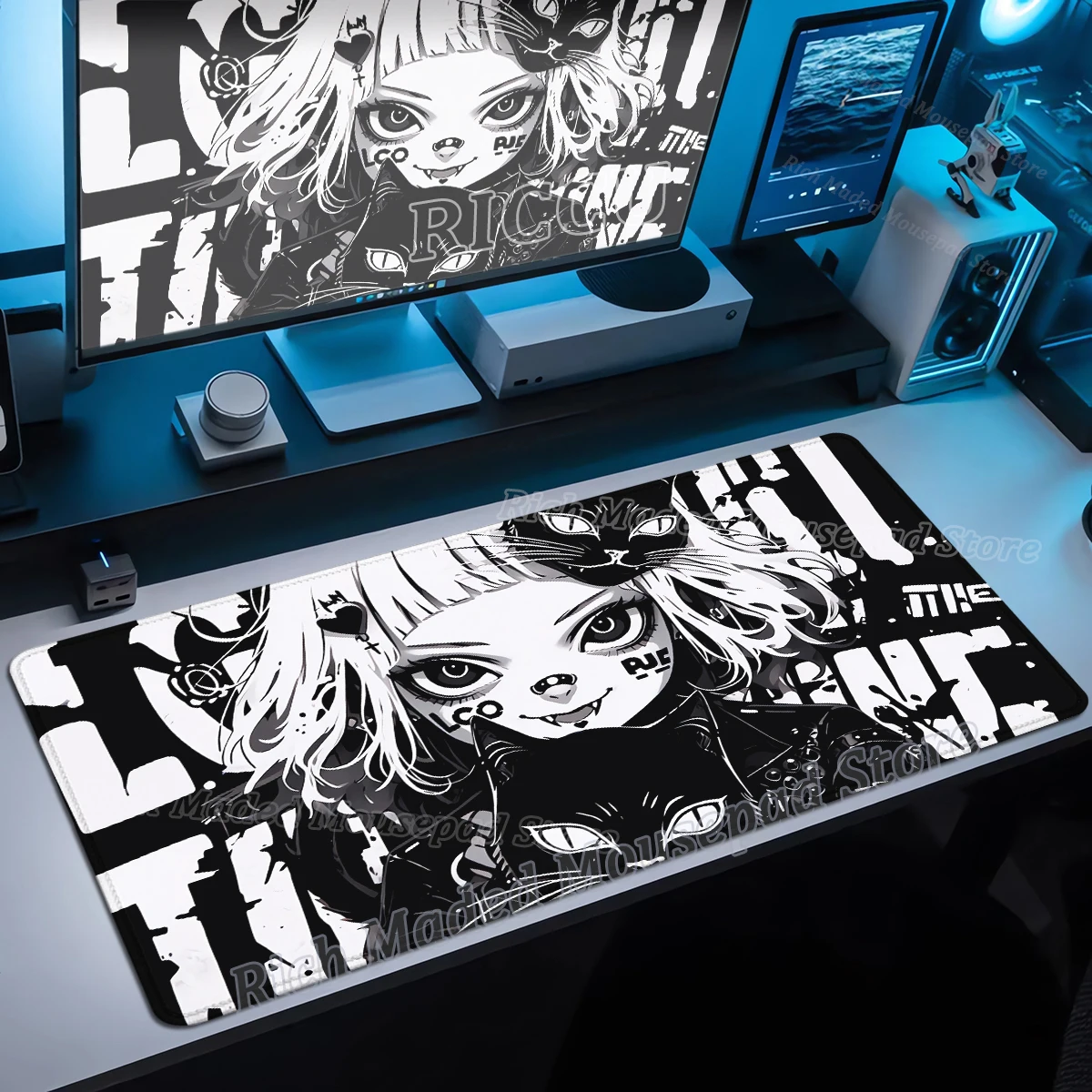 

Black White Anime Mouse Pad Xxl Girl and Cat Desk Mat Gaming Computer Accessories Office Pc Non-slip Mousepad HD Keyboard Mats